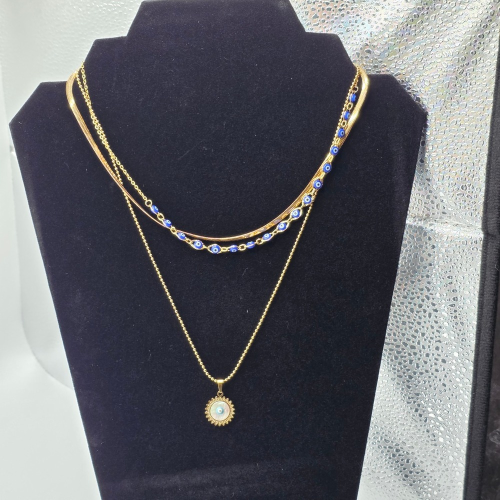 Gold‎ Stainless Steel Layered Evil Eye Necklace Set Sunburst Pendant Blue Beads